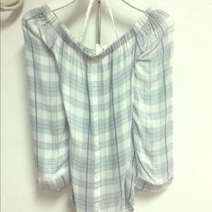 off the shoulder plaid shirt